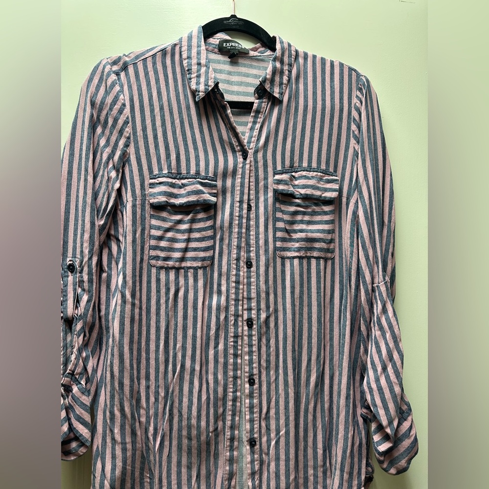 Express Blue and Pink Casual Button Down Shirt with Classic Collar